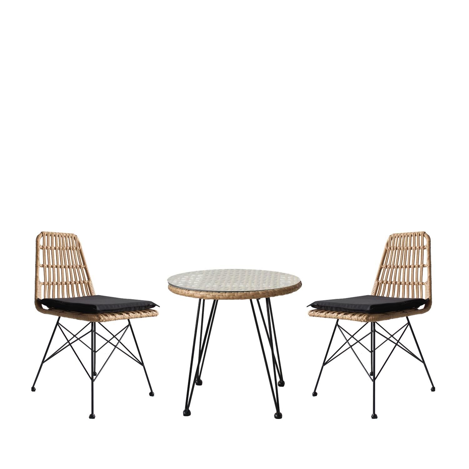 EUSEBIO Garden Dining Set Natural/Black Metal/Rattan With 2 Chairs 14990330