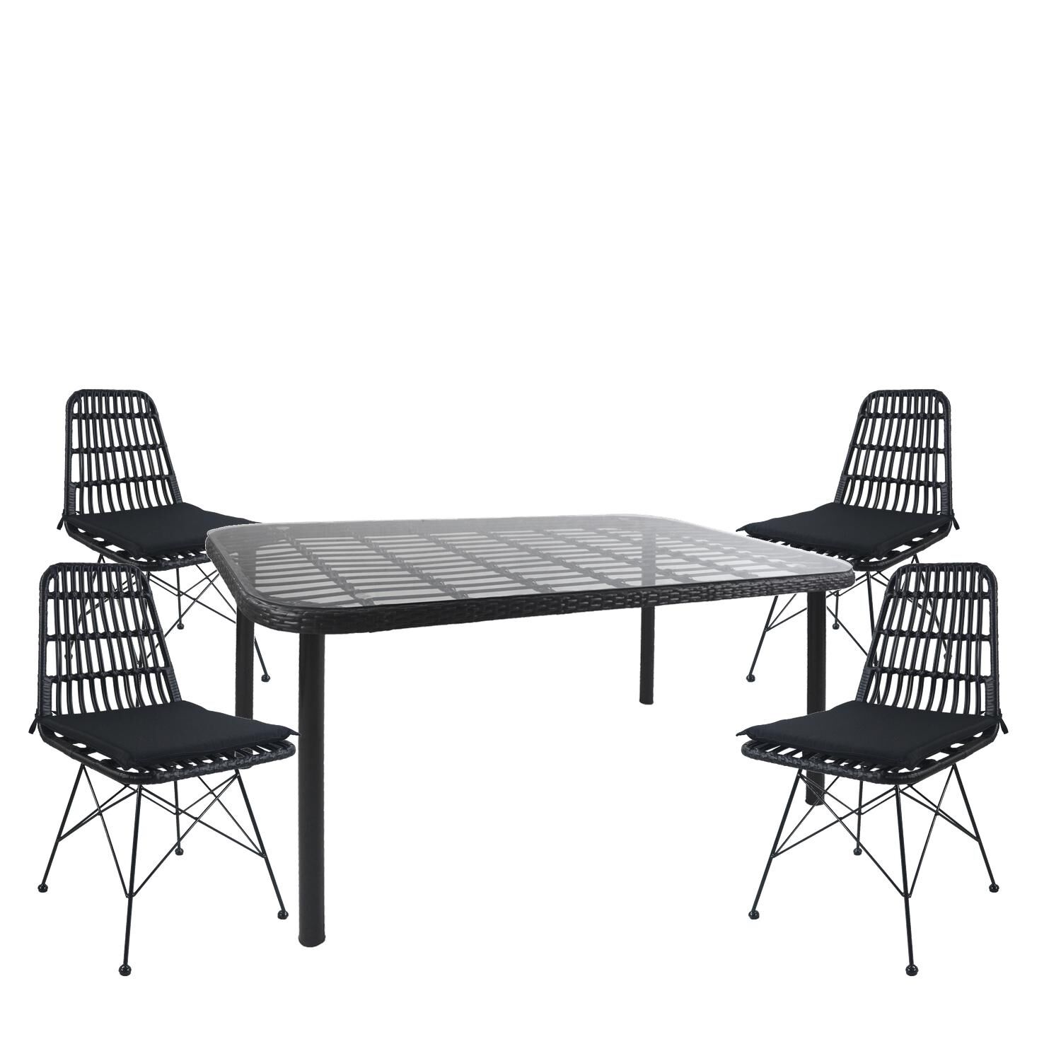 AMPIUS Garden Dining Set Black Metal/Rattan/Glass With 4 Chairs 14990361