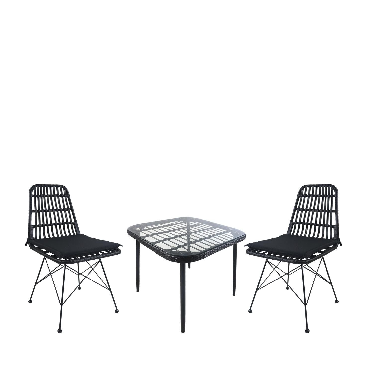 ANTIUS Garden Dining Set Black Metal/Rattan/Glass With 2 Chairs 14990363