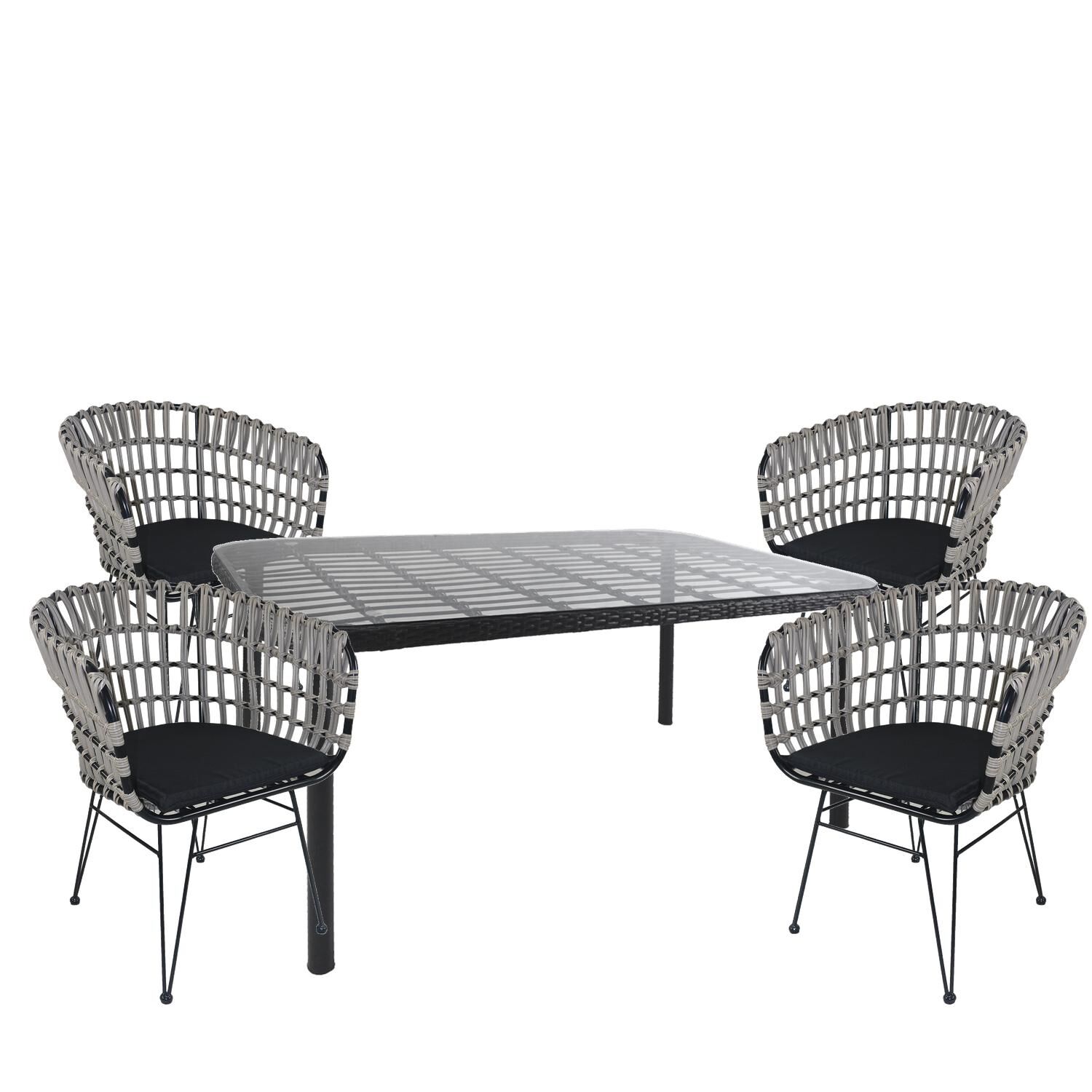 AMPIUS Garden Dining Set Black Metal/Rattan/Glass With 4 Chairs 14990391
