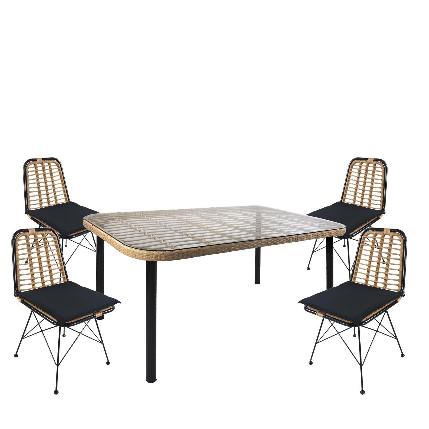 AMPIUS Garden Dining Set Natural/Black Metal/Rattan/Glass With 4 Chairs 14990299