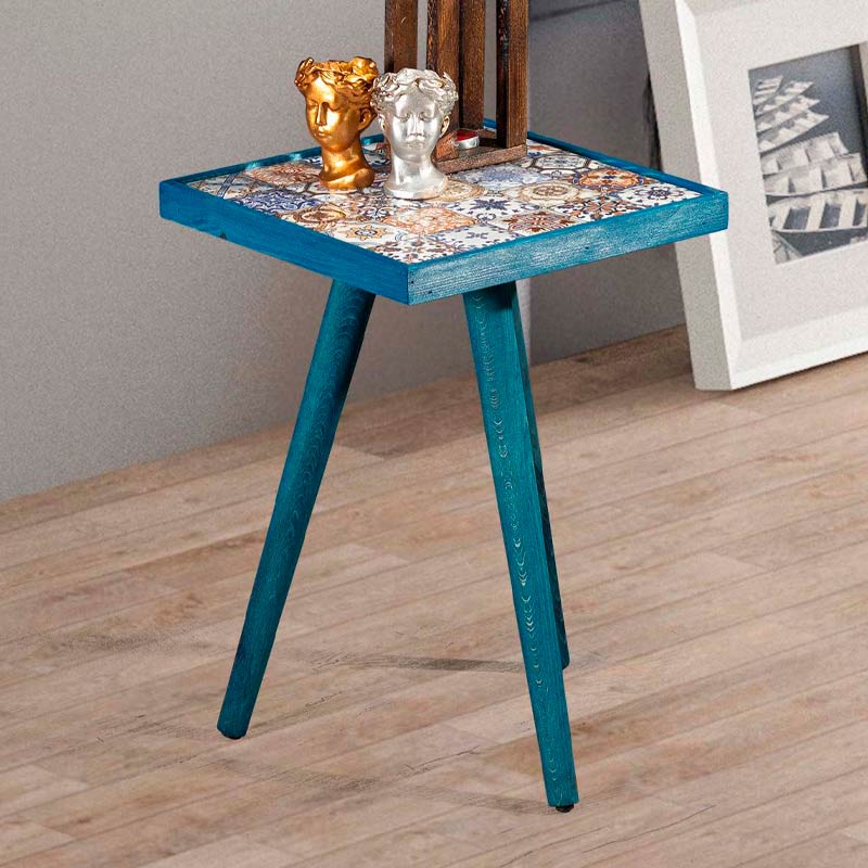Mayra Megapap wooden - ceramic side table in blue color 32x32x45cm. κυπρος