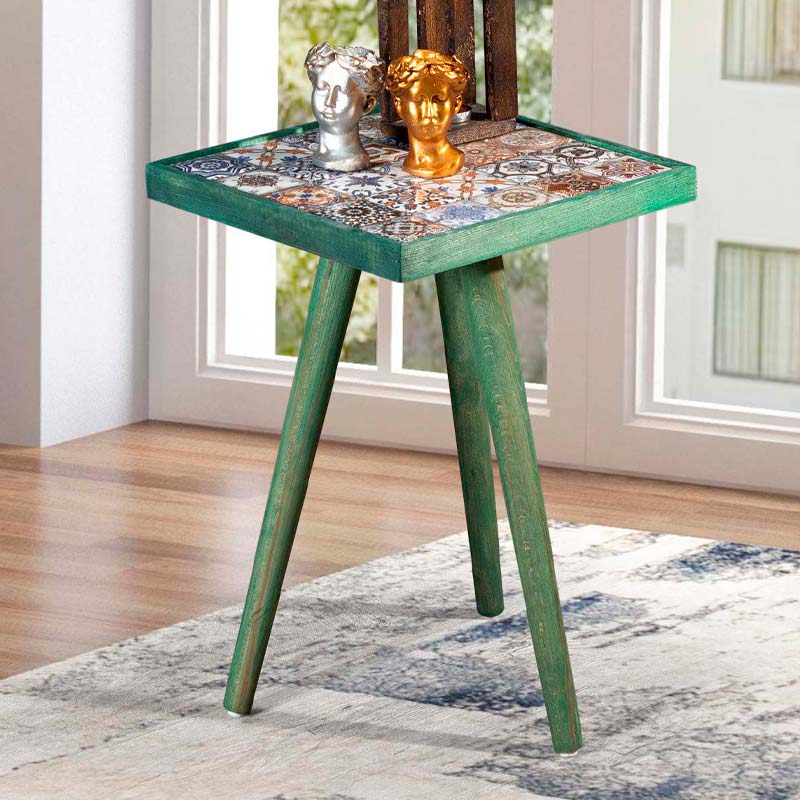 Mayra Megapap wooden - ceramic side table in green color 32x32x45cm. κυπρος