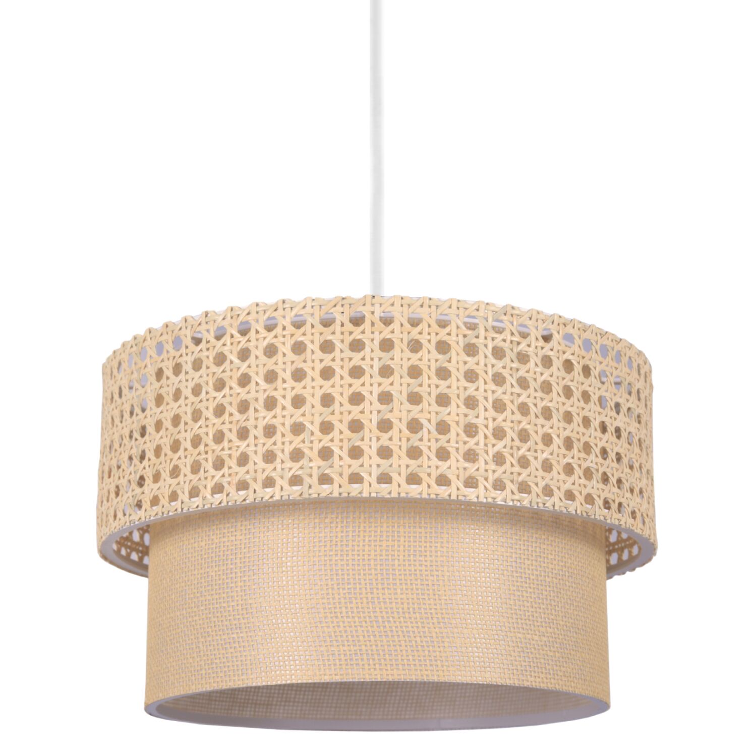 PENDANT CEILING LAMP HM7628.01 TWO-LAYER DRUM-RATTAN AND FABRIC, METAL FRAME