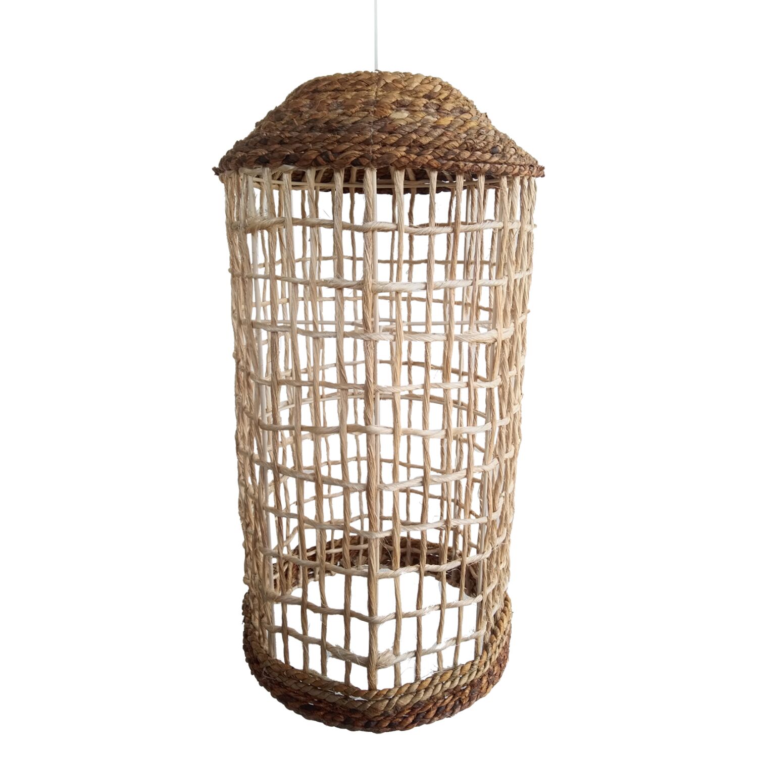 CEILING PENDANT OBLONG CYLINDRICAL CAP ABACA FIBERS IN NATURAL 21x21x43-80Hcm.HM7768