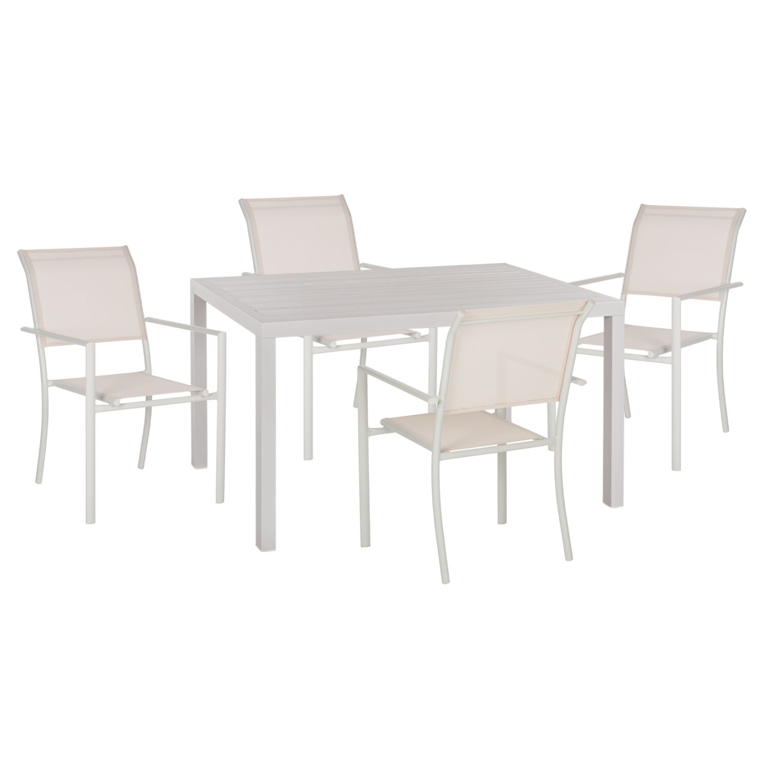 OUTDOOR DINING SET HM11827 5PCS ALUMINUM TABLE AND ARMCHAIRS IN WHITE WITH WHITE TEXTLINE