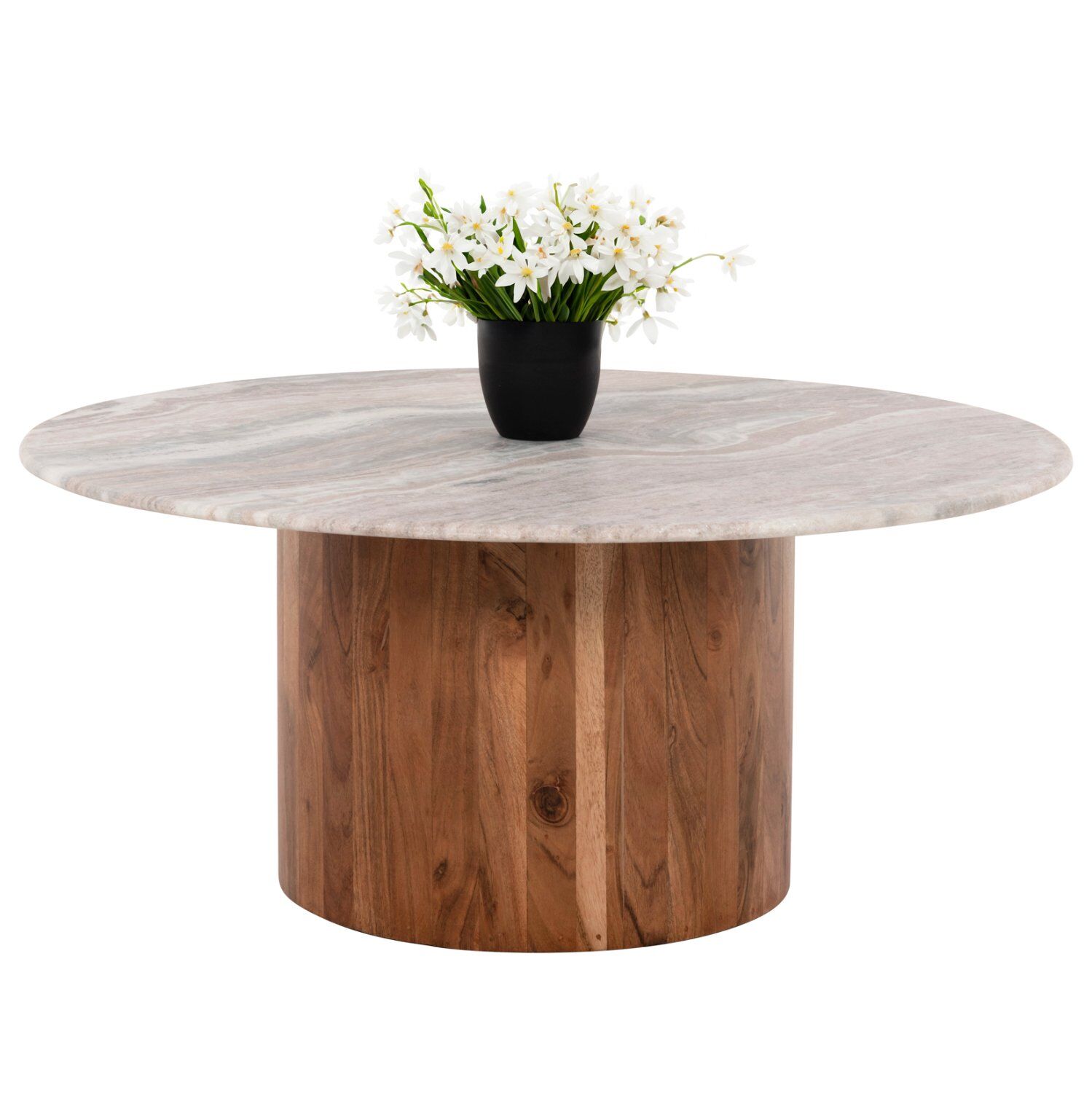 COFFEE TABLE FORMEL HM9672 ACACIA WOOD IN NATURAL-WHITE MARBLE TOP Φ80x36Hcm.