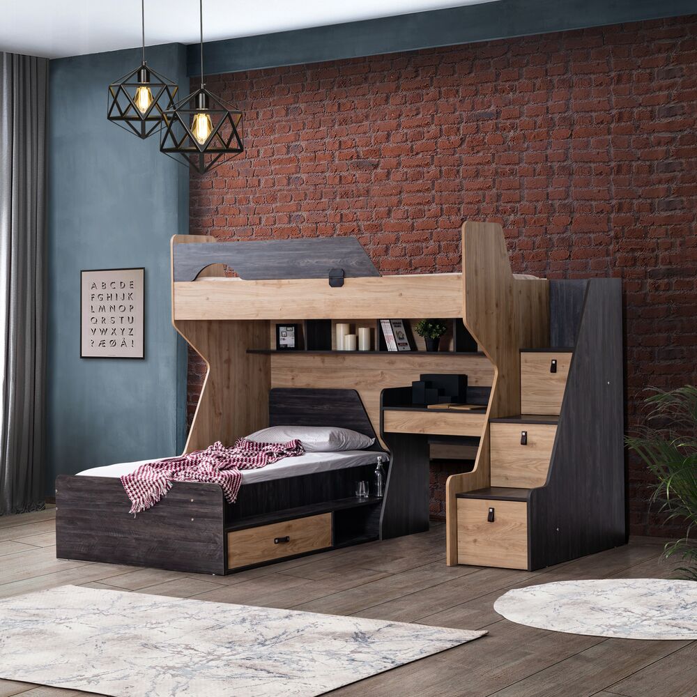 Παιδικό Κρεβάτι Κουκέτα ACTIVE + Γραφείο για Στρώμα 90x190cm Καφέ-Ανθρακί 245x101x180εκ με Σκάλα ACTIVE.01