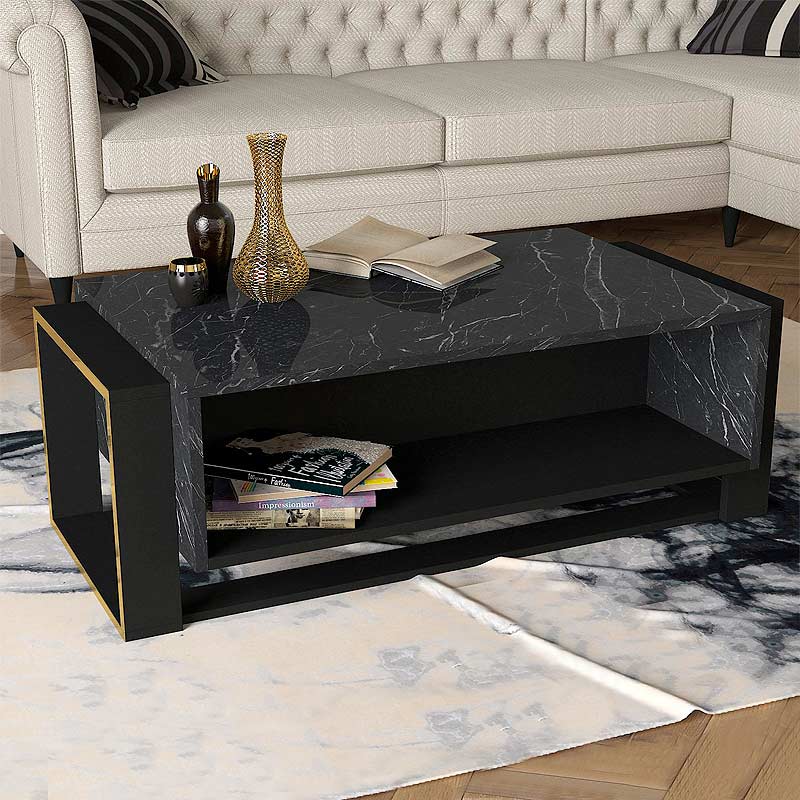 Serina Megapap melamine coffee table in black marble effect color 107x60x40cm.