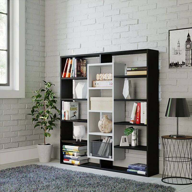Ample Megapap melamine bookcase in black - white color 125x22x135,7cm.