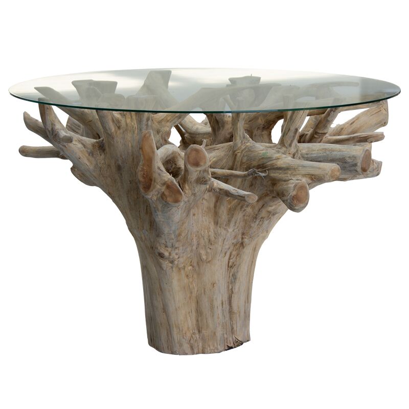 Table Kolson pakoworld glass 6mm tempered glass-handmade solid wood natural 110x110x76cm