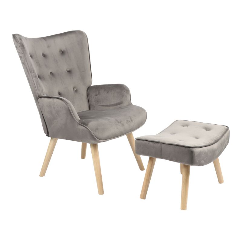 Armchair with footstool Vivienne pakoworld velvet fabric dark grey-natural leg 75x69x96cm