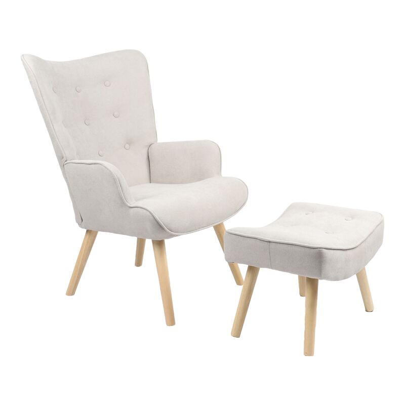 Armchair with footstool Vivienne pakoworld fabric light grey-natural leg 75x69x96cm